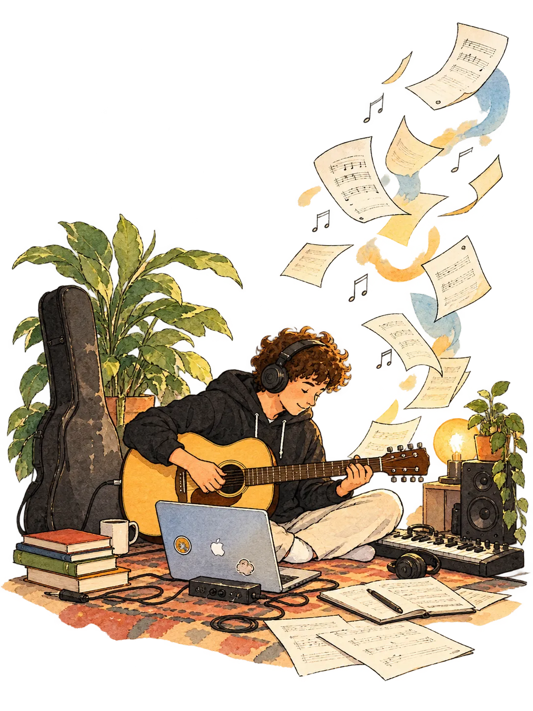 Felipe playing guitar while sheet music floats upward