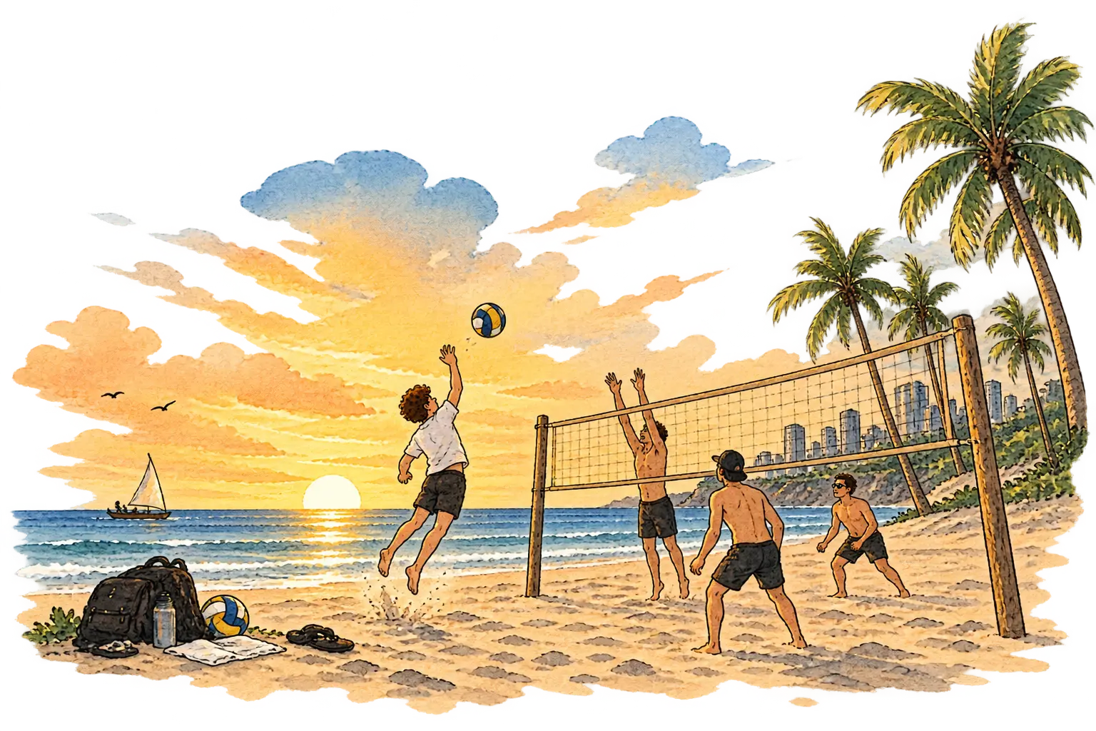Beach volleyball game at sunset